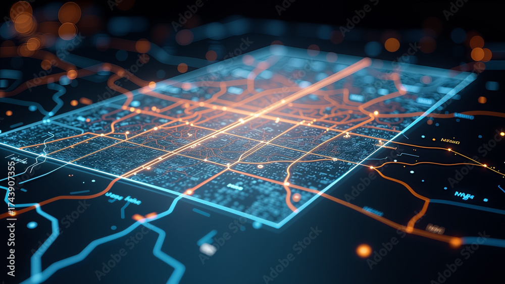 Obraz premium An extreme close-up of a transparent holographic display showing a detailed, glowing 3D city map of a futuristic metropolis. 