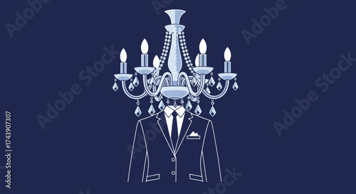 An illustration featuring a tuxedo-clad torso with a chandelier replacing the head