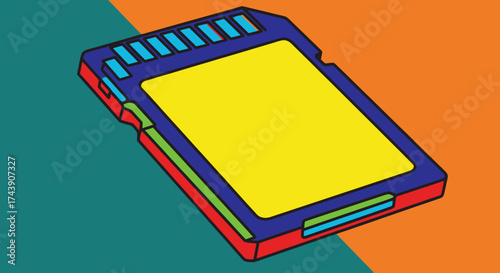 A vibrant, geometric illustration of a memory card with colorful outlines and a bold yellow center