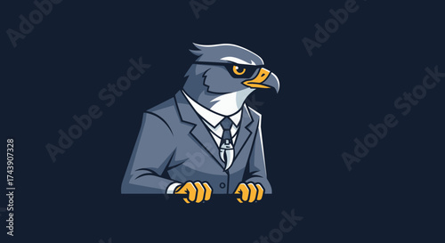 Animated falcon with sunglasses, suit, tie, peering from the bottom against a dark background