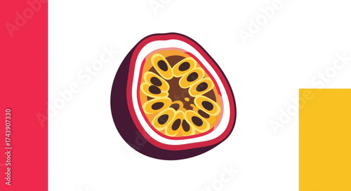 Vector illustration of a halved passion fruit, showing seeds, flesh and skin