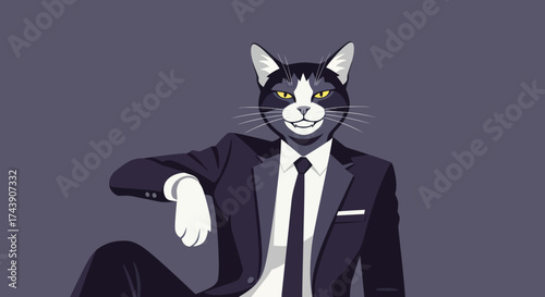 Animated black and white cat in a suit with a white shirt, leaning on a surface, smiling