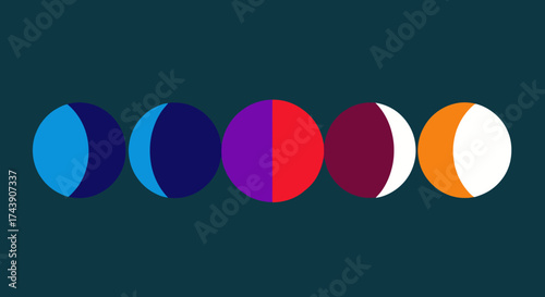 Abstract design of five colorful circles, each showing phases. Dark blue background
