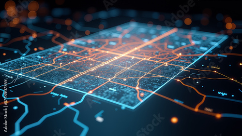An extreme close-up of a transparent holographic display showing a detailed, glowing 3D city map of a futuristic metropolis. 