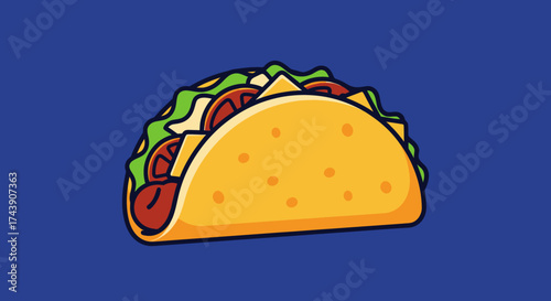 Cartoon taco illustration, filled with ingredients, on a blue background. Colorful and appetizing