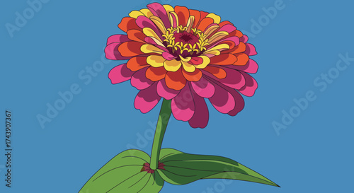 A brightly colored zinnia flower against a blue backdrop. Leaves and stem detailed. Digital art