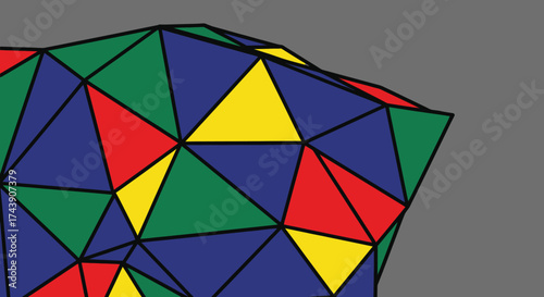A colorful, geometric shape composed of triangles, divided by black lines, resting on gray