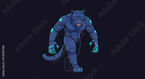 Pixelated digital artwork shows a blue panther cyborg with glowing green accents