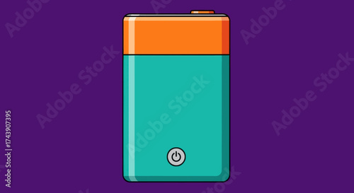 A cartoon battery with teal and orange accents against a purple background, featuring an on/off button