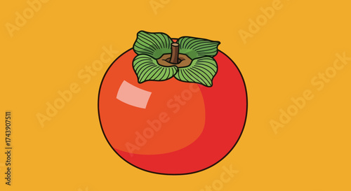 A vibrant, stylized persimmon fruit illustration, set against a warm orange backdrop