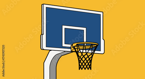 A cartoon-style basketball hoop with a blue backboard, orange background, and a black net
