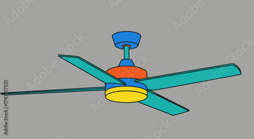 Colorful ceiling fan illustration, features a teal and blue blades and body with orange and yellow details