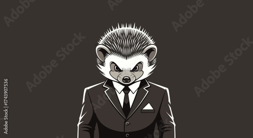 A sharp-eyed hedgehog in a suit stares forward on a solid background