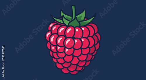 A vibrant, stylized illustration of a raspberry with green leaves, against a deep blue background