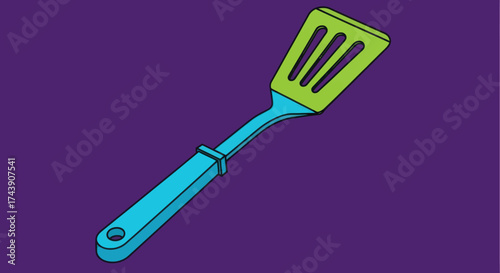 Stylized drawing of a spatula on a purple background. Features a green blade & blue handle