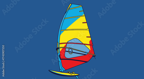 Vector illustration of a windsurf sail on a blue background. The sail has multiple colors