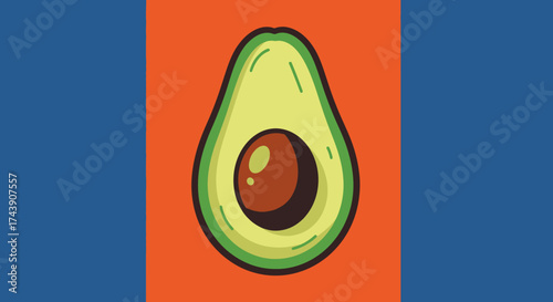 A halved avocado graphic, showcasing a brown pit against a bright orange background with blue side bars