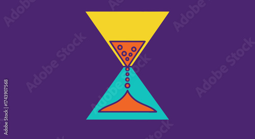 An abstract, colorful hourglass illustration featuring geometric shapes and a purple background