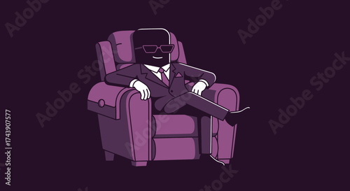 A suited person with sunglasses sits crossed-legged in a purple armchair against a dark backdrop