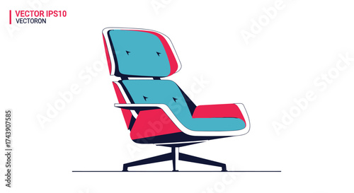 Vector graphic illustration of a modern armchair in red, blue, and white on a white backdrop