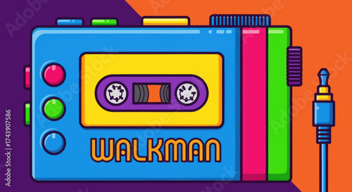 Colorful, cartoon illustration of a retro portable cassette player with a jack, with bold colors