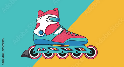 Colorful vector graphic of a rollerblade on a teal and yellow split background