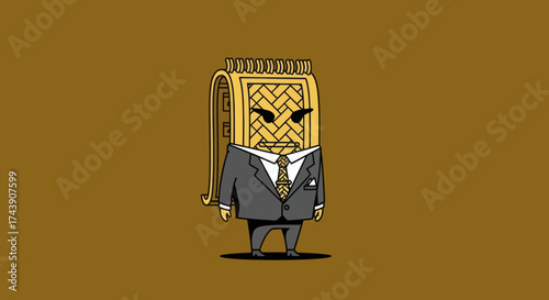 An anthropomorphic notepad character in a suit with an angry expression on a brown background