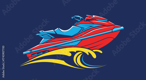 A stylized red and blue jet ski graphic above stylized waves, on a dark blue background