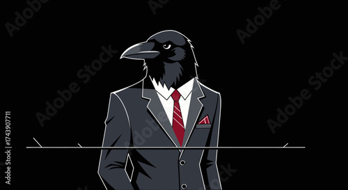 Illustration of a suited crow against a black background, complete with a tie and pocket square