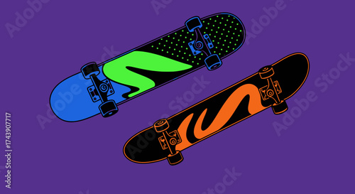 Two stylized skateboards, one with green and blue, the other orange, on a purple background