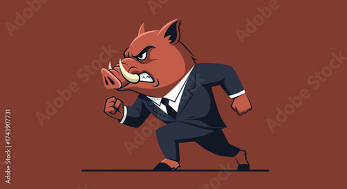 A cartoon boar in a suit, running with clenched fist, angry face, and tusks showing