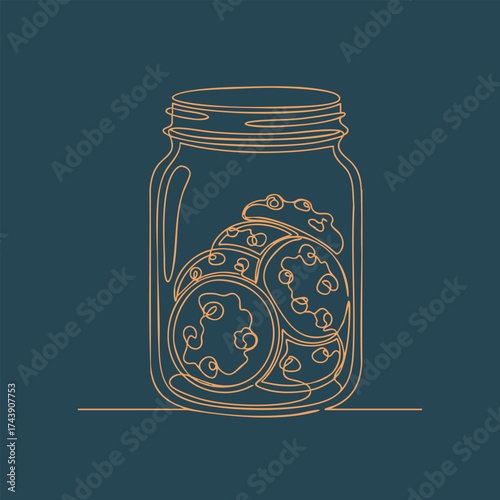 Minimalist line art of a glass jar filled with cookies on a dark , emphasizing simplicity and elegance in design