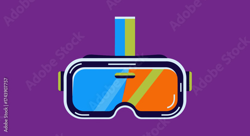 A colorful, stylized illustration of VR goggles with blue and orange lenses on a purple background