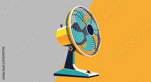 A brightly colored graphic of a desk fan with a contrasting split background of grey and orange