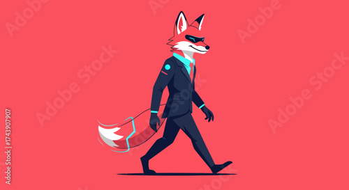 A stylized fox character in a suit walks confidently against a red backdrop