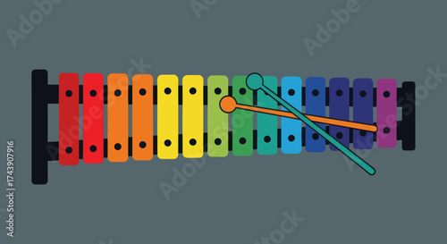 Colorful xylophone instrument illustration with mallets, on gray background