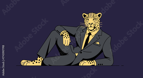 A relaxed, stylized leopard in a suit, reclining on a dark purple backdrop