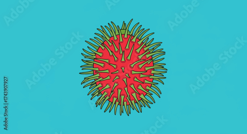 A stylized illustration of a spherical virus, red with green spikes, on a cyan background