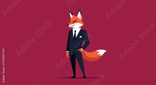 An anthropomorphic fox in a suit, with a smug expression, set against a solid burgundy background