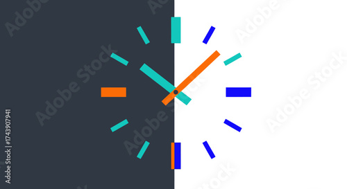 A split-screen clock illustration. One side is dark, the other white. Colored hands indicate time