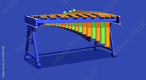 A stylized illustration features a xylophone with green mallets. The background is a solid blue