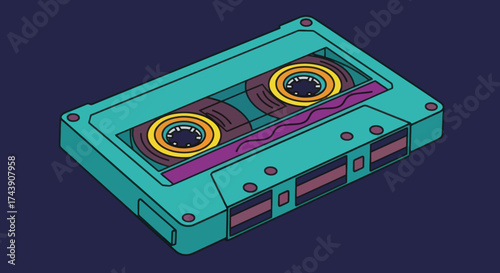 A stylized, isometric illustration of an old school cassette tape against a dark purple backdrop