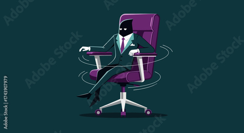 A faceless figure in a suit spins in an executive chair. Illustration with abstract elements