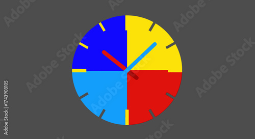 A colorful clock face with divided quadrants and hands indicating a specific time