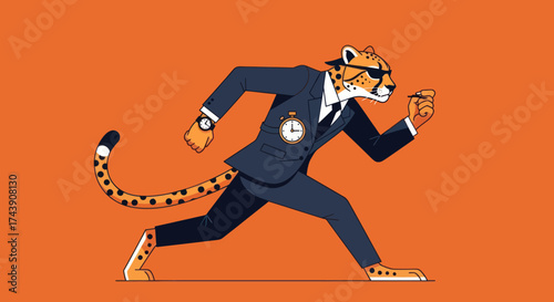 A cheetah, in a suit and sunglasses, runs quickly, with a stopwatch on its chest and wrist