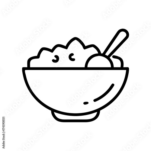 Oatmeal bowl with spoon in minimalistic line art style  