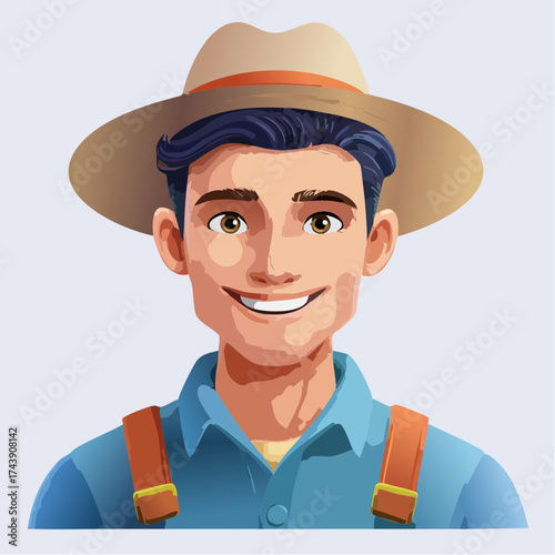 Smiling farmer man wearing straw hat with transparent background