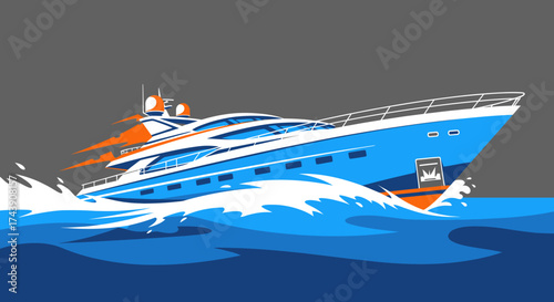 A vector illustration of a luxury yacht cutting through ocean waves, with blue and orange accents