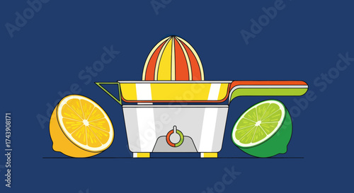 A colorful illustration depicts a citrus juicer flanked by half-cut lemon and lime