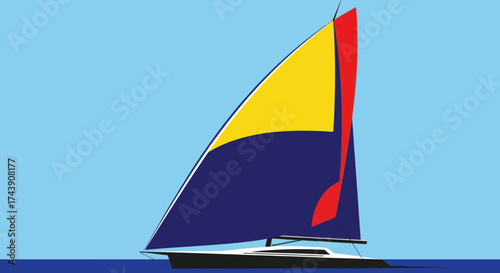 Simple, stylized illustration of a sailboat with colorful sails on blue water and sky